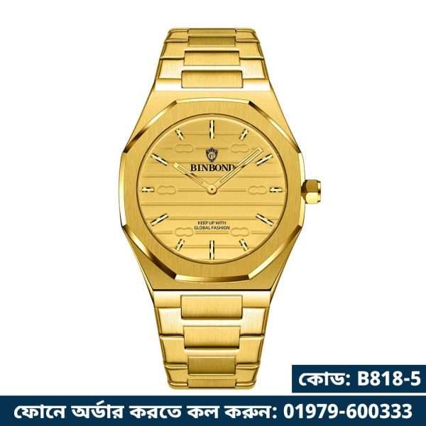 05: BINBOND 818 Full Golden | Brand Casual Men's Quartz Watch Octagonal Luxurious And Fashionable