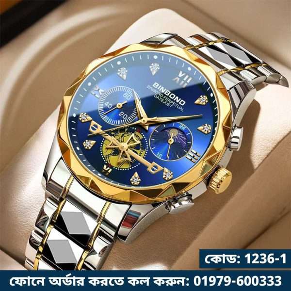 18.BINBOND B1236 Golden Blue | Brand Fashion Tourbillon Dial Quartz Watches Men’s Luxury Stainless Steel