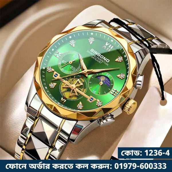 20: BINBOND B1236 Golden Green | Brand Fashion Tourbillon Dial Quartz Watches Men’s Luxury Stainless Steel