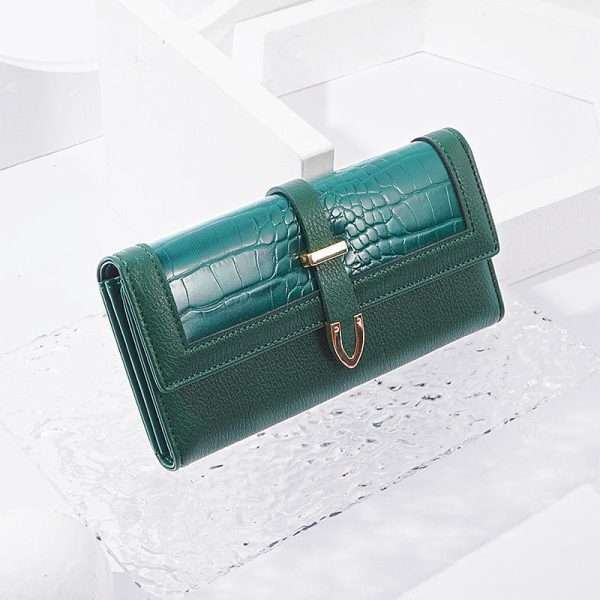 Women’s Fashionable Green Long Wallet with Crocodile Patterned, Buckle and Stone Design