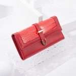 Women’s Fashionable Red Long Wallet with Crocodile Patterned, Buckle and Stone Design