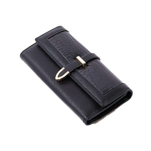 Women's Fashionable Black Long Wallet with Crocodile Patterned, Buckle and Stone Design