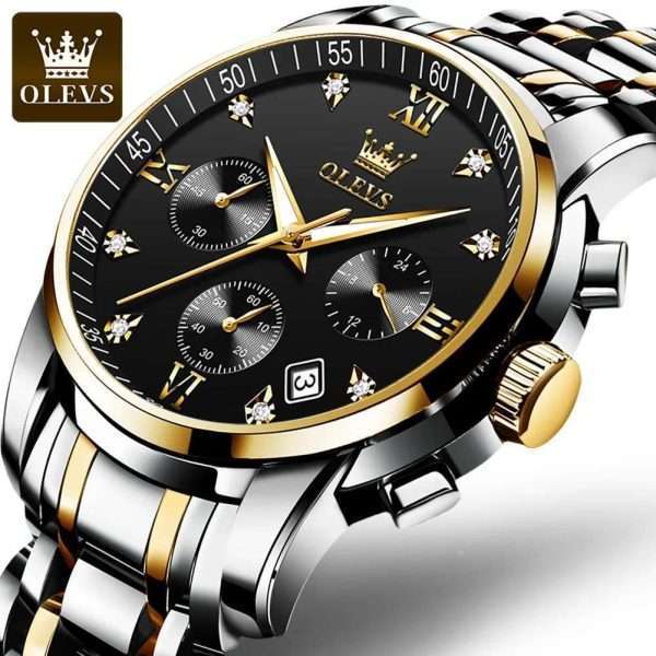 OLEVS 2858 Golden Black | Watches for Men Top Brand Luxury Chronograph Luminous Quartz Watch Fashion Business Stainless Steel Wristwatch