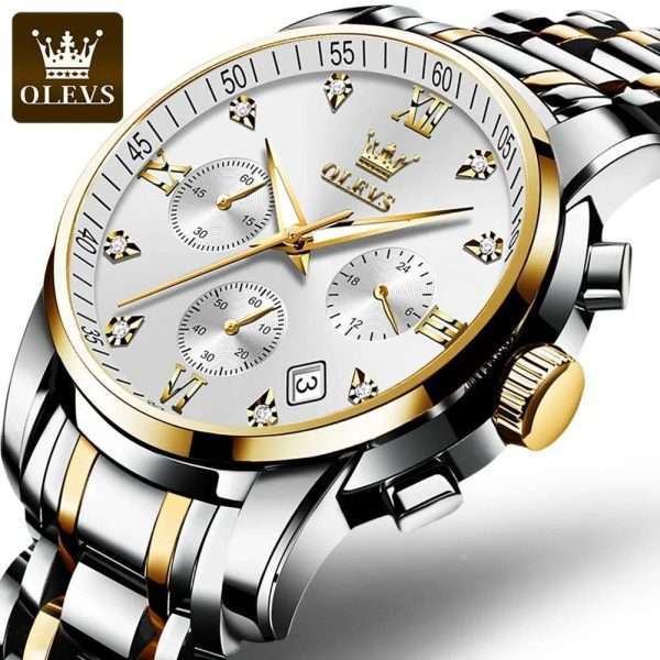 OLEVS 2858 Golden White | Watches for Men Top Brand Luxury Chronograph Luminous Quartz Watch Fashion Business Stainless Steel Wristwatch