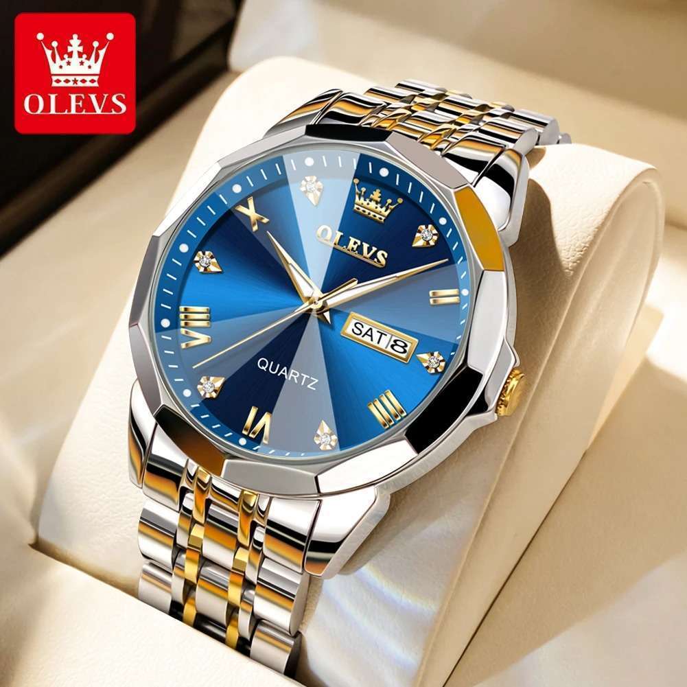 OLEVS-9931-Men-1.jpeg 21: OLEVS 9931 Golden Blue | Men Watch Classic Rhombus Mirror Watch Original Business Diamond Date Week Stainless Steel Watch Luxury - Image 1