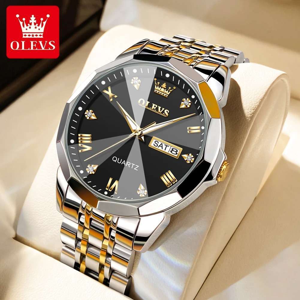 OLEVS-9931-Men-2.jpeg 23: OLEVS 9931 Golden Black | Men Watch Classic Rhombus Mirror Watch Original Business Diamond Date Week Stainless Steel Watch Luxury - Image 1
