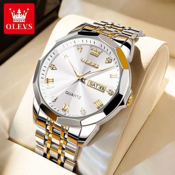 22: OLEVS 9931 Golden White | Men White Watch Classic Rhombus Mirror Watch Original Business Diamond Date Week Stainless Steel Watch Luxury