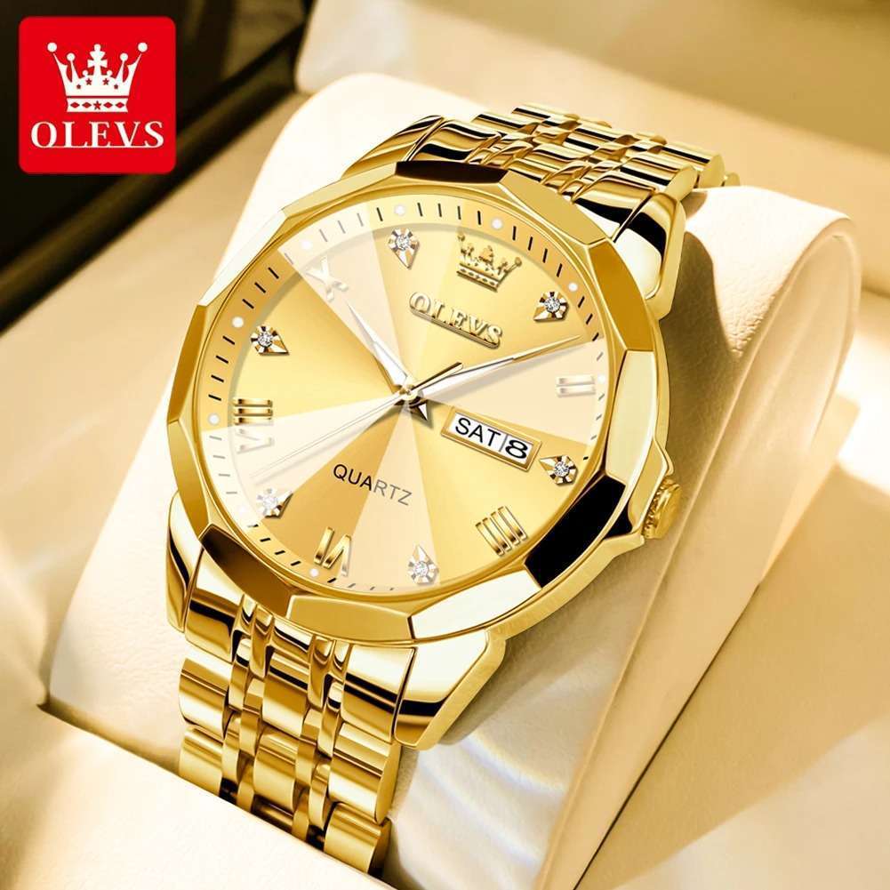 OLEVS-9931-Men-4.jpeg 26.OLEVS 9931 Full Golden | Men Watch Classic Rhombus Mirror Watch Original Business Diamond Date Week Stainless Steel Watch Luxury - Image 1