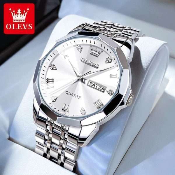 24: OLEVS 9931 Silver White | Men Watch Classic Rhombus Mirror Watch Original Business Diamond Date Week Stainless Steel Watch Luxury
