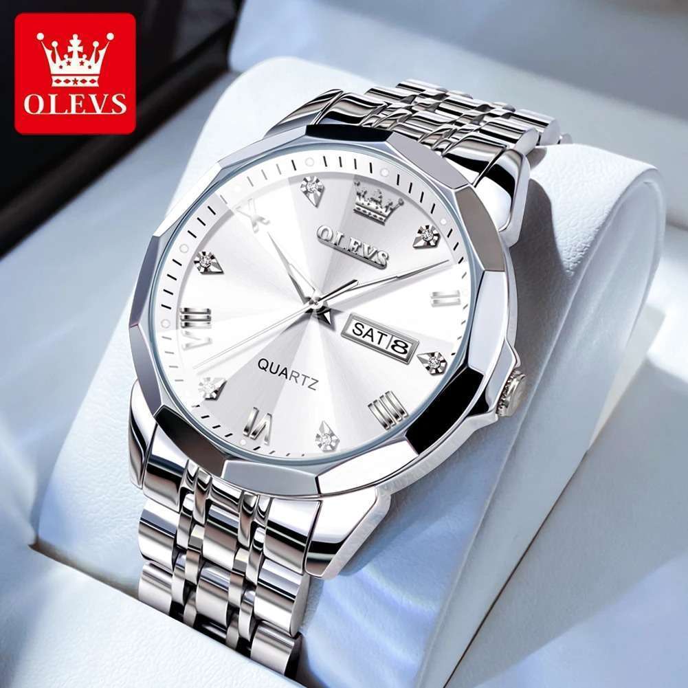 OLEVS-9931-Men-5.jpeg 24: OLEVS 9931 Silver White | Men Watch Classic Rhombus Mirror Watch Original Business Diamond Date Week Stainless Steel Watch Luxury - Image 1
