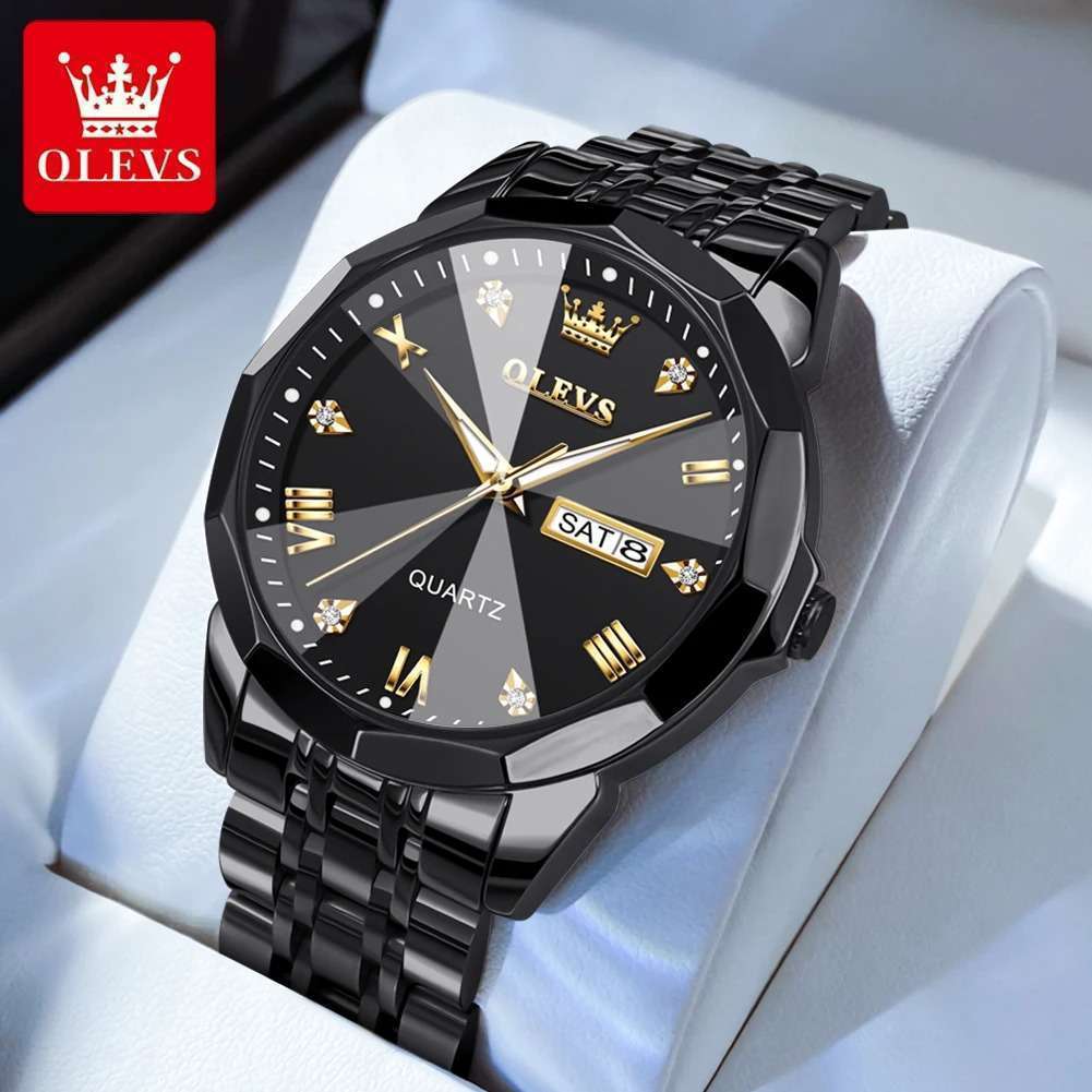 OLEVS-9931-Men-6.jpeg 25: OLEVS 9931 Full Black | Men Watch Classic Rhombus Mirror Watch Original Business Diamond Date Week Stainless Steel Watch Luxury - Image 1