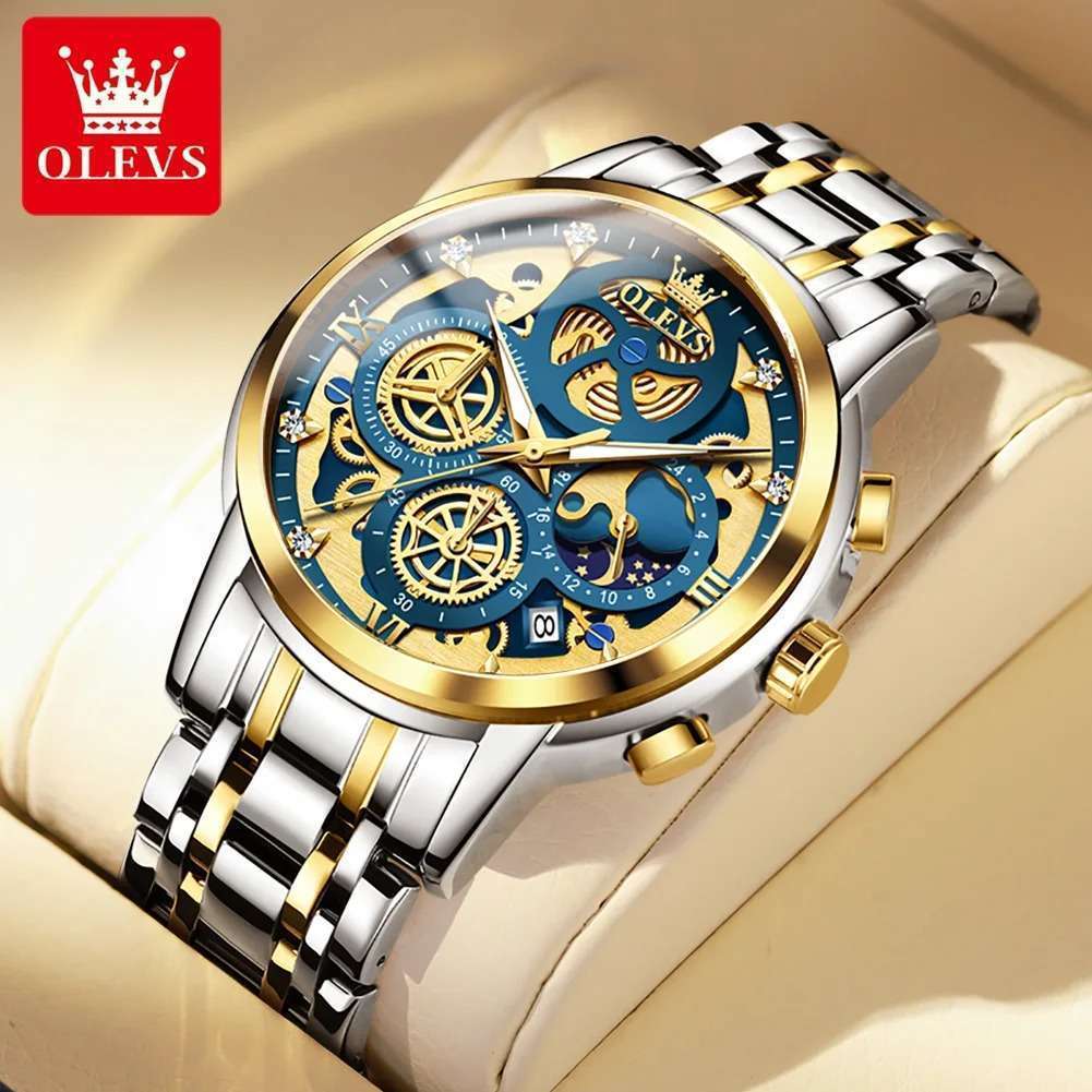 OLEVS-9947-1.jpeg OLEVS 9947 Golden Blue | Men's Watch Original Top Brand Luxury Quartz Watches For Man Skeleton Multifunctional Chronograph Watch - Image 1