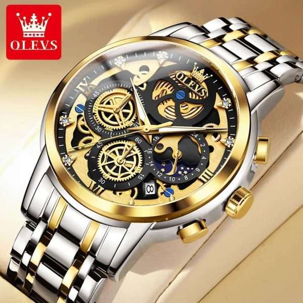 OLEVS 9947 Golden Black | Men's Watch Original Top Brand Luxury Quartz Watches For Man Skeleton Multifunctional Chronograph Watch
