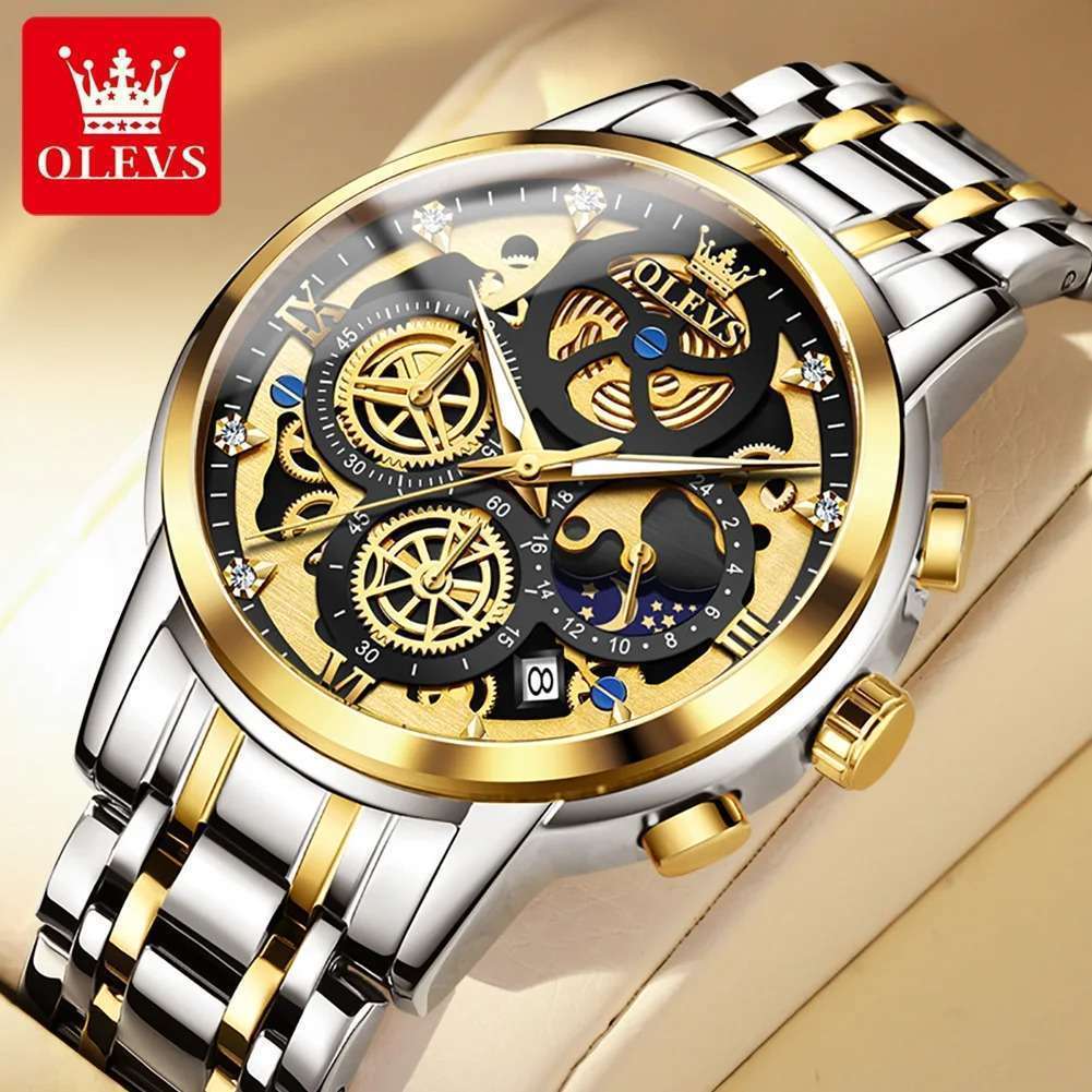 OLEVS-9947-19.jpeg OLEVS 9947 Golden Black | Men's Watch Original Top Brand Luxury Quartz Watches For Man Skeleton Multifunctional Chronograph Watch - Image 1