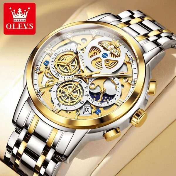 OLEVS 9947 Golden White | Men's Watch Original Top Brand Luxury Quartz Watches For Man Skeleton Multifunctional Chronograph Watch