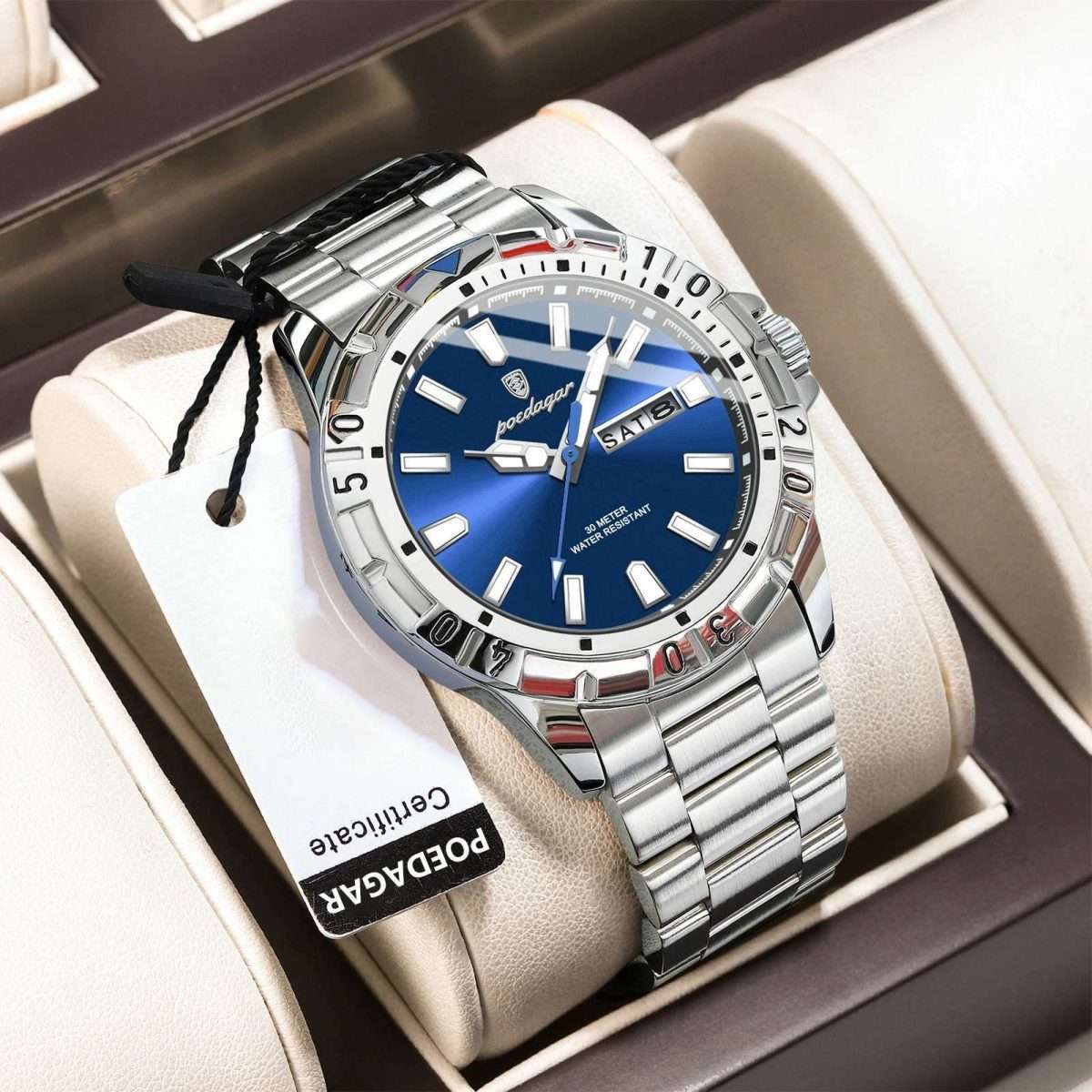 POEDAGAR-959-Blue-4.jpeg 11: POEDAGAR 959 Silver Blue | Luxury Quartz Man Watch Luminous Date Week Men Watch Military Stainless Steel Men's Watches Sport Male Clock - Image 1