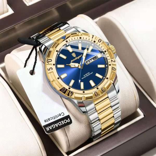 12: POEDAGAR 959 Golden Blue | Luxury Quartz Man Watch Luminous Date Week Men Watch Military Stainless Steel Men's Watches Sport Male Clock