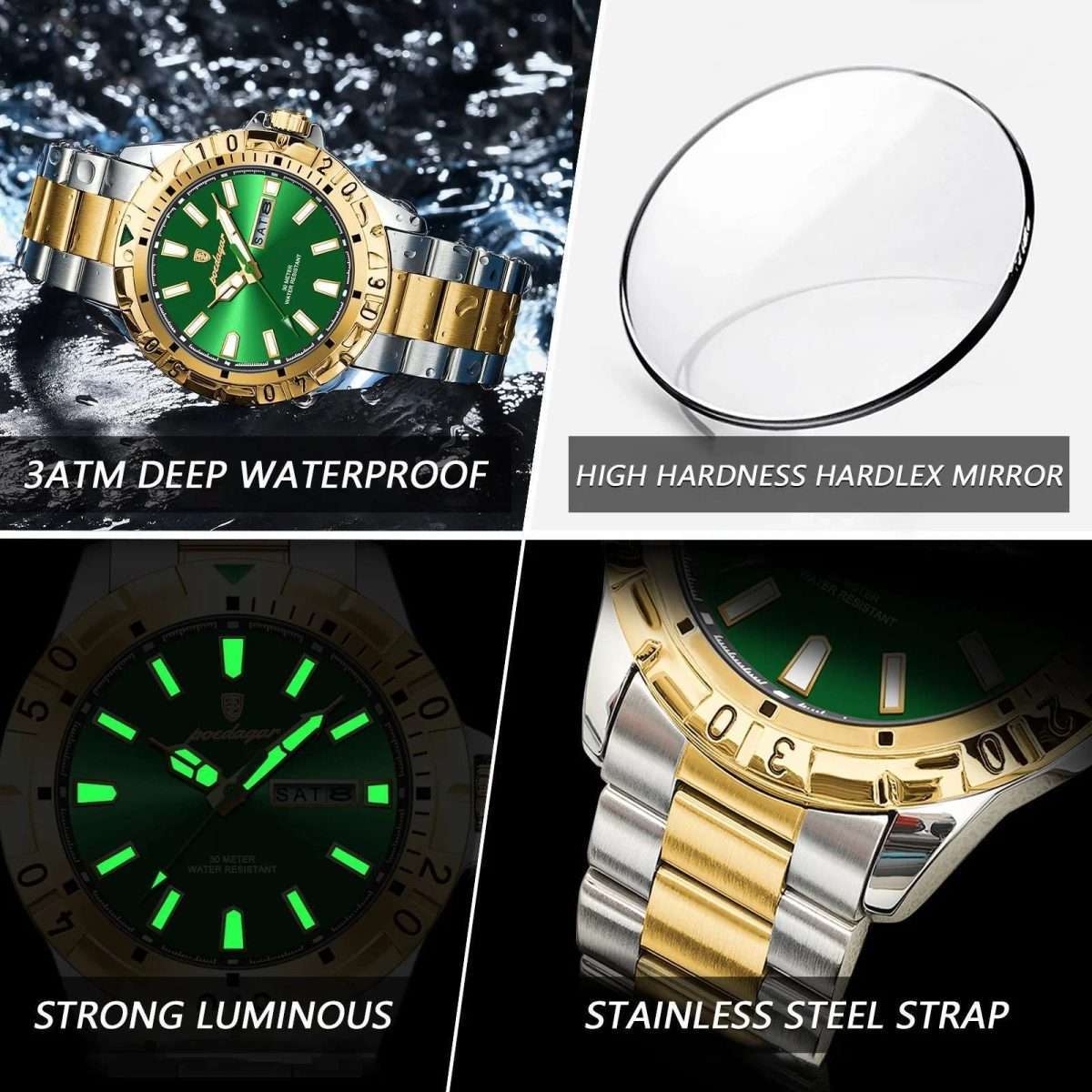 12: POEDAGAR 959 Golden Green | Luxury Quartz Man Watch Luminous Date Week Men Watch Military Stainless Steel Men's Watches Sport Male Clock - Image 5