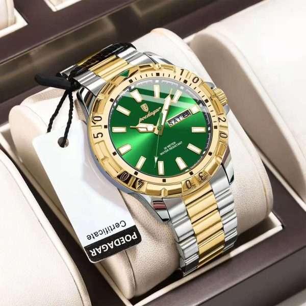 12: POEDAGAR 959 Golden Green | Luxury Quartz Man Watch Luminous Date Week Men Watch Military Stainless Steel Men's Watches Sport Male Clock