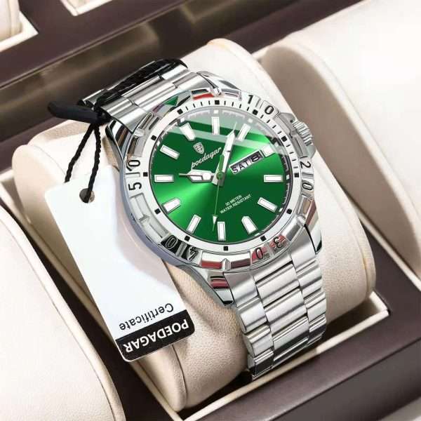 10: POEDAGAR 959 Silver Green | Luxury Quartz Man Watch Luminous Date Week Men Watch Military Stainless Steel Men's Watches Sport Male Clock