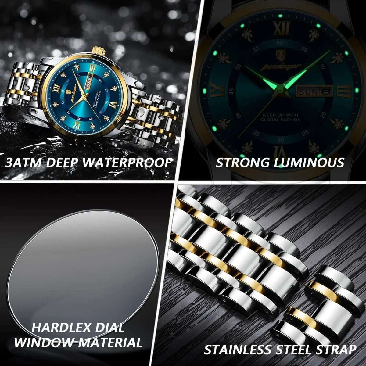 POEDAGAR 936 Golden White | Brand New Fashion Quartz Watch for Men Stainless Steel Sports Luminous Date Week Luxury Men's Watches - Image 2