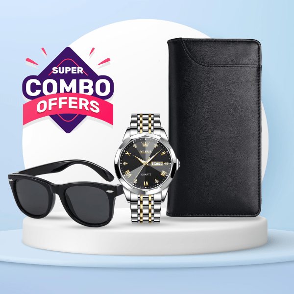 03: Stylish Men's Accessories Combo – Watch, Sunglasses & Leather Wallet