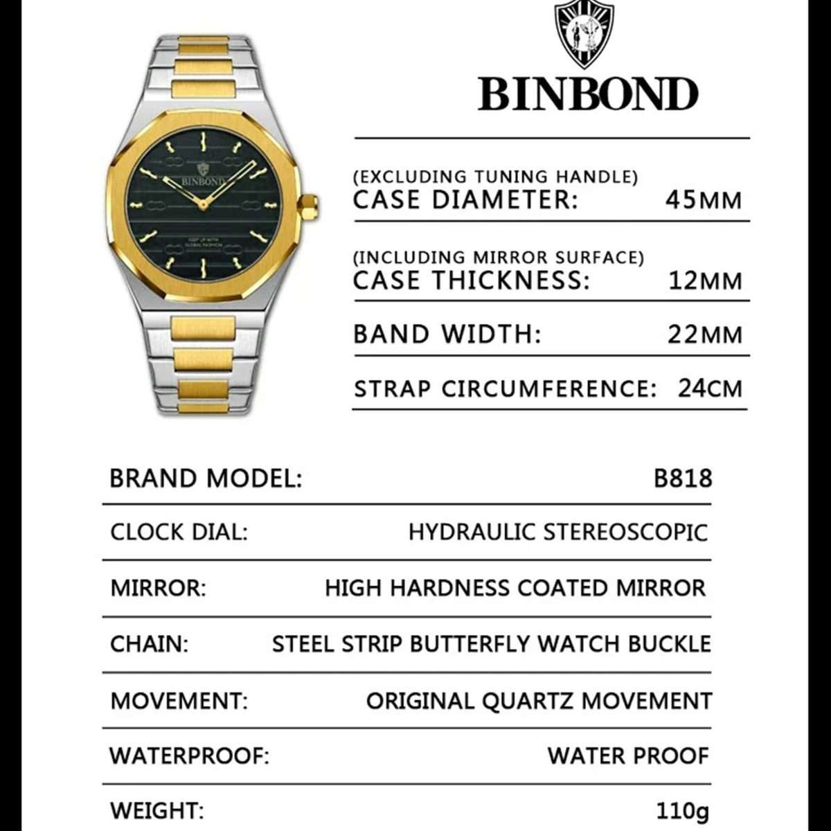 06: BINBOND 818 Golden Black | Brand Casual Men's Quartz Watch Octagonal Luxurious And Fashionable - Image 4