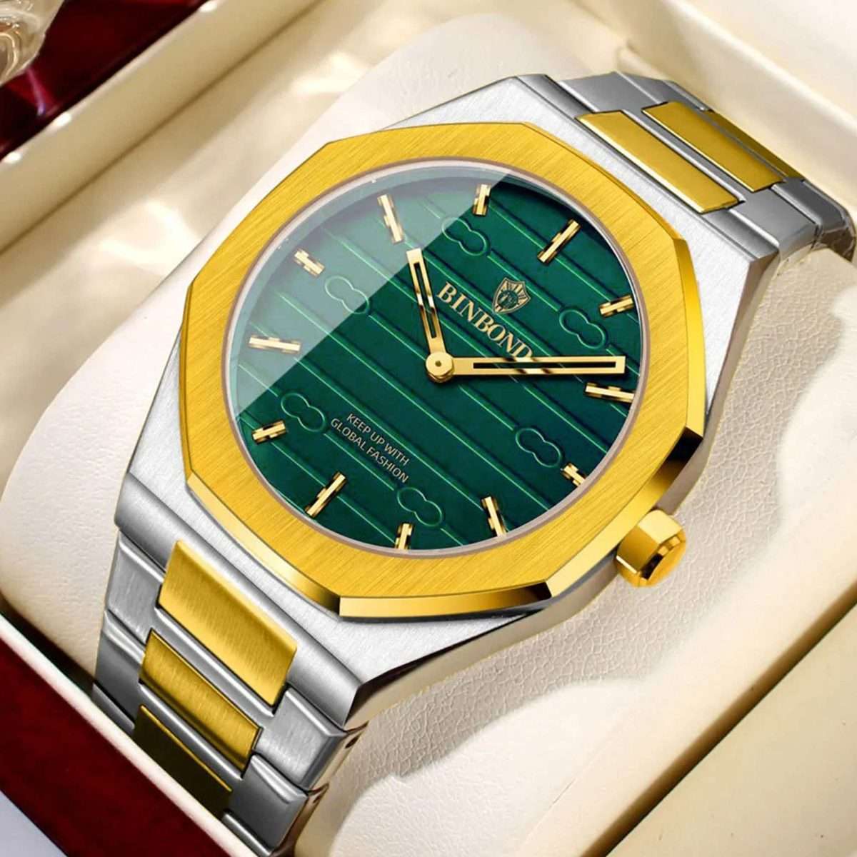 01: BINBOND 818 Golden Green | Brand Casual Men's Quartz Watch Octagonal Luxurious And Fashionable - Image 2