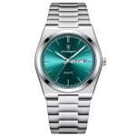 01: POEDAGAR 930 Silver Green Men’s New Luxury Luminous Date Week Stainless Steel Quartz Watch For Men
