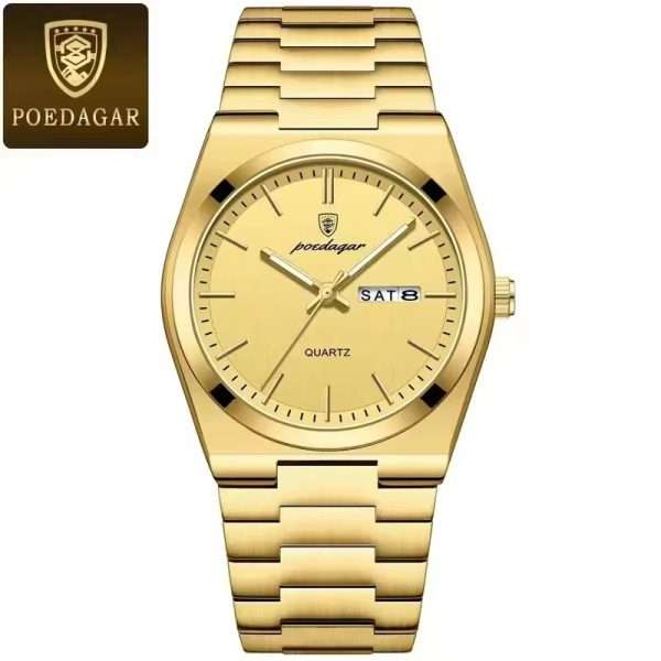 05: POEDAGAR 930 Full Gold Men’s New Luxury Luminous Date Week Stainless Steel Quartz Watch For Men