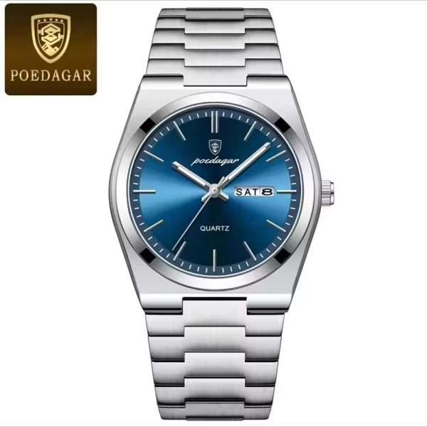03: POEDAGAR 930 Silver Blue Men’s New Luxury Luminous Date Week Stainless Steel Quartz Watch For Men