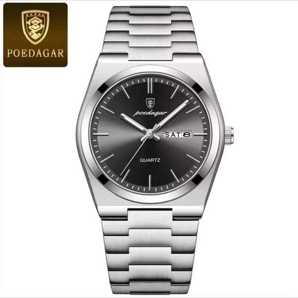 04: POEDAGAR 930 Silver Black Men’s New Luxury Luminous Date Week Stainless Steel Quartz Watch For Men
