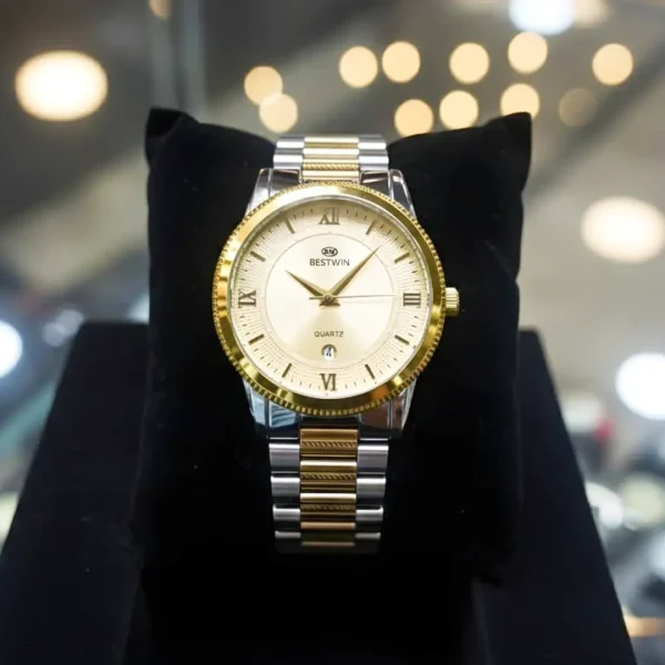 03| BESTWIN 232 | Golden Two-tone Wrist Watch For Men Super Premium Quality Quartz Movement Active Auto Date Full Stainless Steel Attractive Green Dial Waterproof Fashionable Formal Watch