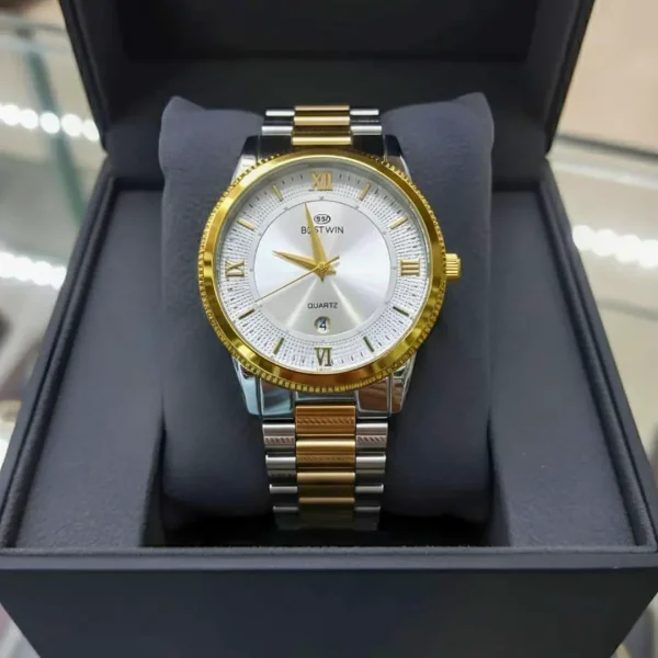 04| BESTWIN 232 | Golden White Two-tone Wrist Watch For Men Super Premium Quality Quartz Movement Active Auto Date Full Stainless Steel Attractive Green Dial Waterproof Fashionable Formal Watch