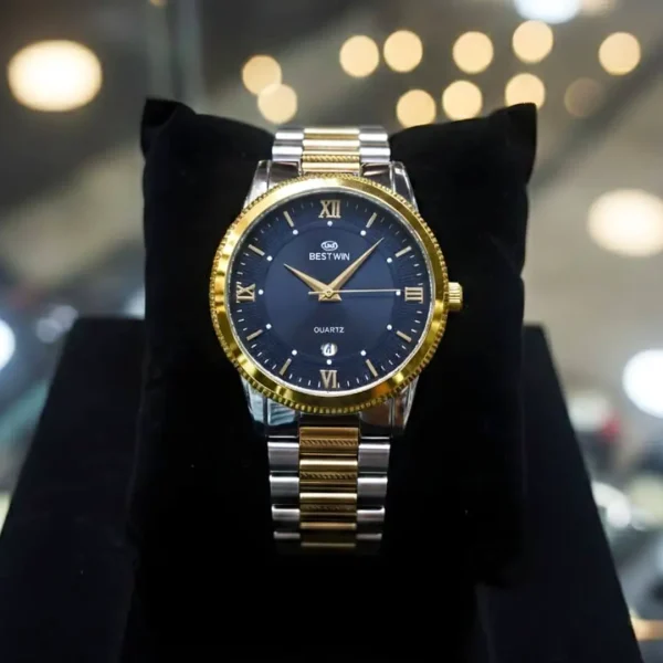 02| BESTWIN 232 | Golden Blue Two-tone Wrist Watch For Men Super Premium Quality Quartz Movement Active Auto Date Full Stainless Steel Attractive Green Dial Waterproof Fashionable Formal Watch