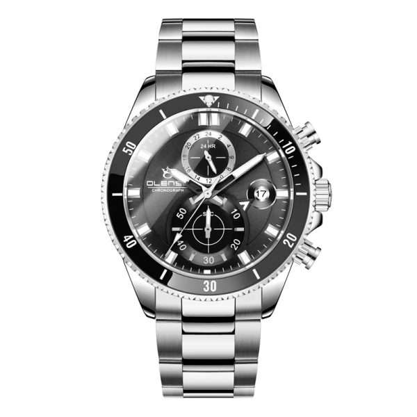 06: OLENSE 9009m New Stainless Steel Mens Watches Classic Six Pointers Multifunction Quartz Watch Casual Waterproof Date Chronograph Clock