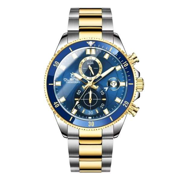 03: OLENSE 9009m New Stainless Steel Mens Watches Classic Six Pointers Multifunction Quartz Watch Casual Waterproof Date Chronograph Clock