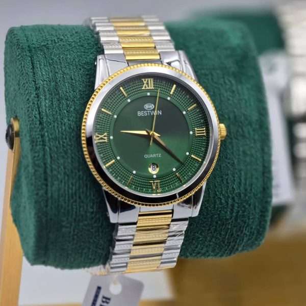 01| BESTWIN 232 | Golden Green Two-tone Wrist Watch For Men Super Premium Quality Quartz Movement Active Auto Date Full Stainless Steel Attractive Green Dial Waterproof Fashionable Formal Watch